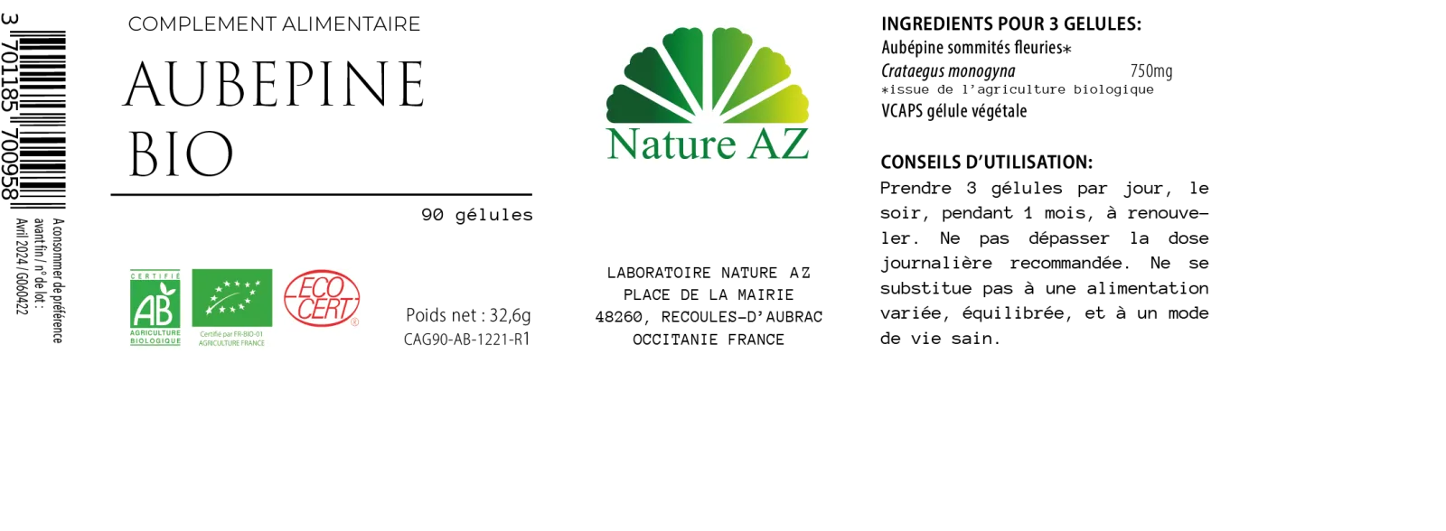 complement alimentaire aubépine bio nature AZ